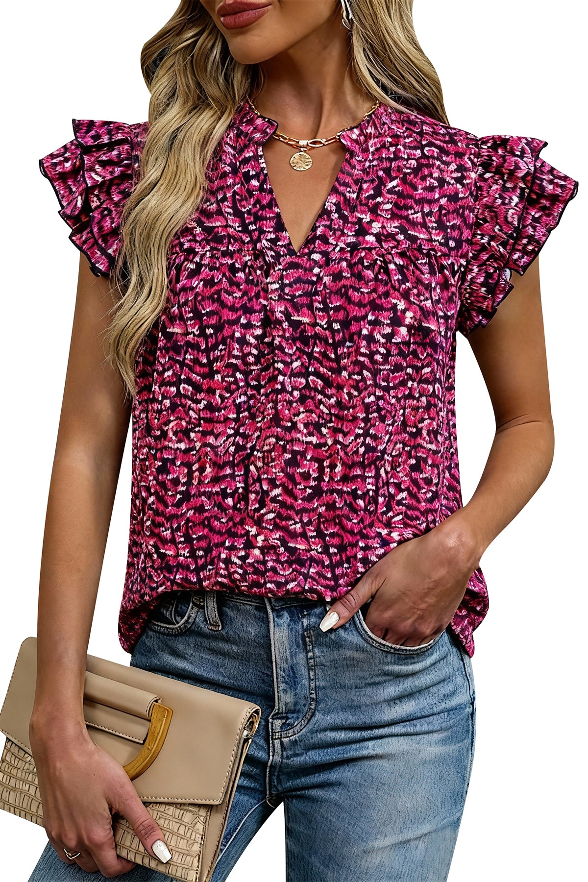 CFLONGE Womens Blouses Dressy Casual V Neck Floral Short Sleeve Tops Boho Chiffon Ruffle Loose Business Summer Work Shirts