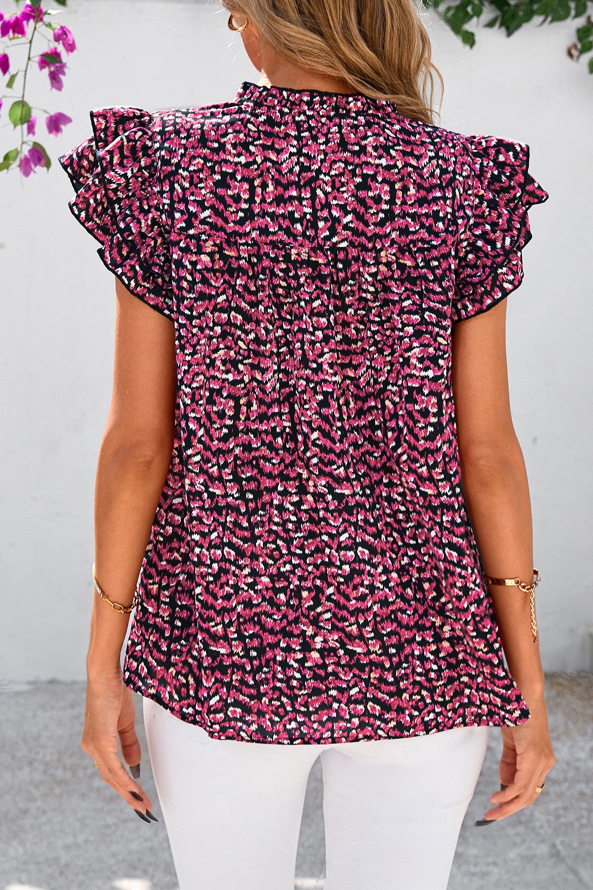 CFLONGE Womens Blouses Dressy Casual V Neck Floral Short Sleeve Tops Boho Chiffon Ruffle Loose Business Summer Work Shirts