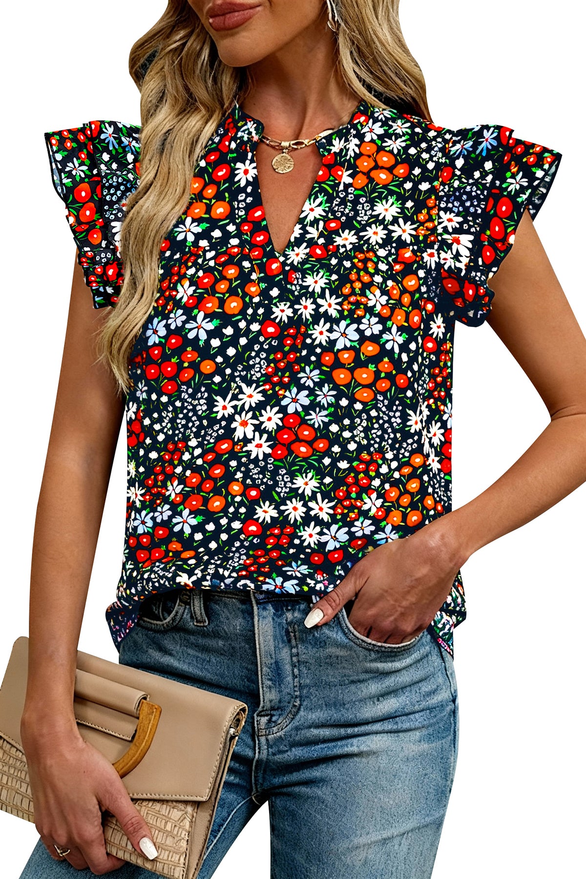 CFLONGE Womens Blouses Dressy Casual V Neck Floral Short Sleeve Tops Boho Chiffon Ruffle Loose Business Summer Work Shirts