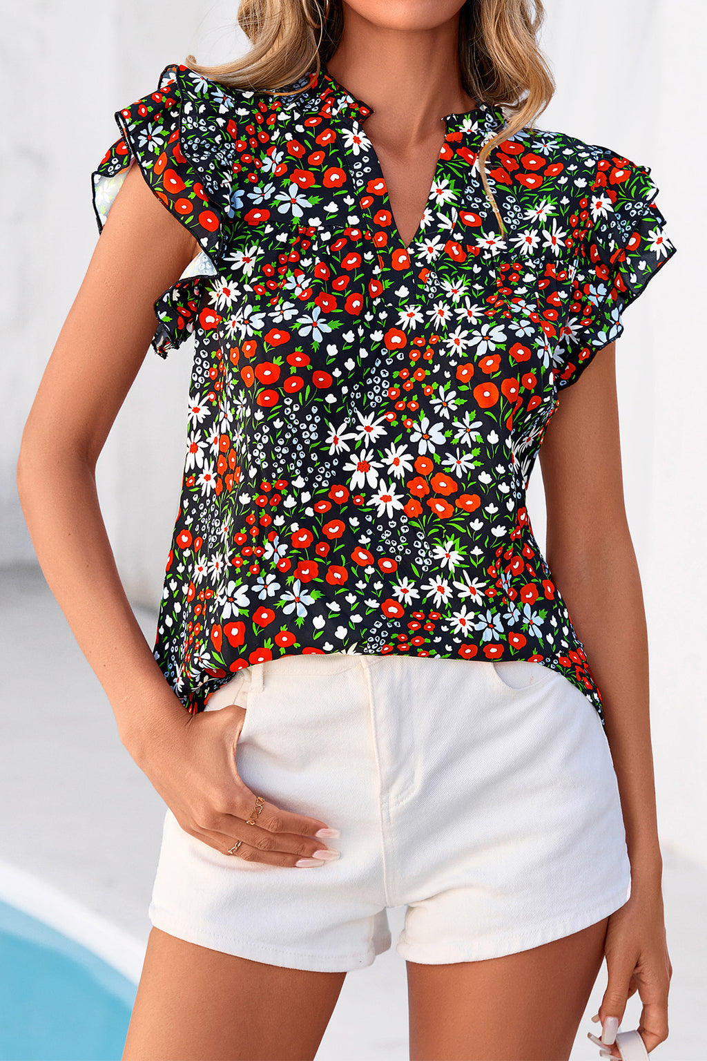 CFLONGE Womens Blouses Dressy Casual V Neck Floral Short Sleeve Tops Boho Chiffon Ruffle Loose Business Summer Work Shirts