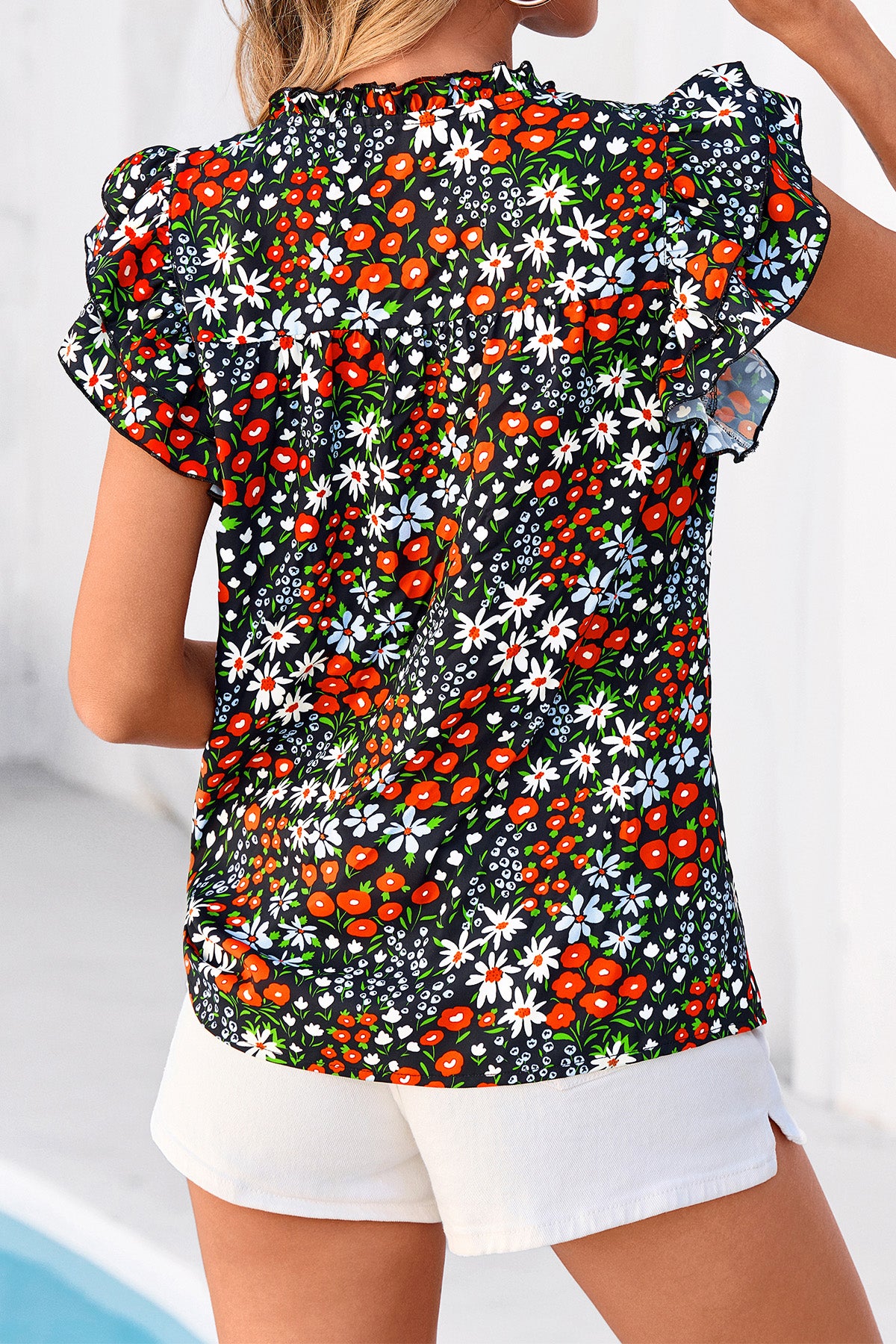 CFLONGE Womens Blouses Dressy Casual V Neck Floral Short Sleeve Tops Boho Chiffon Ruffle Loose Business Summer Work Shirts