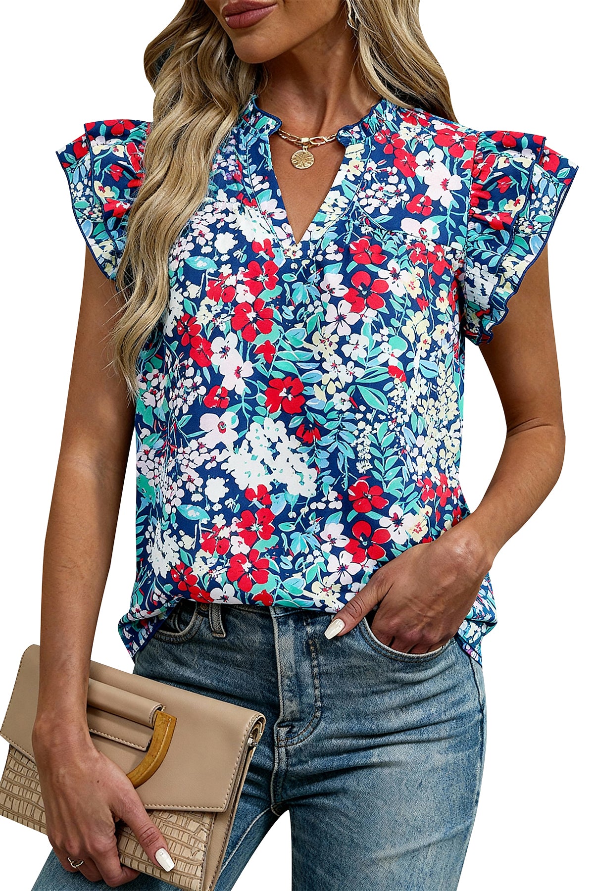 CFLONGE Womens Blouses Dressy Casual V Neck Floral Short Sleeve Tops Boho Chiffon Ruffle Loose Business Summer Work Shirts