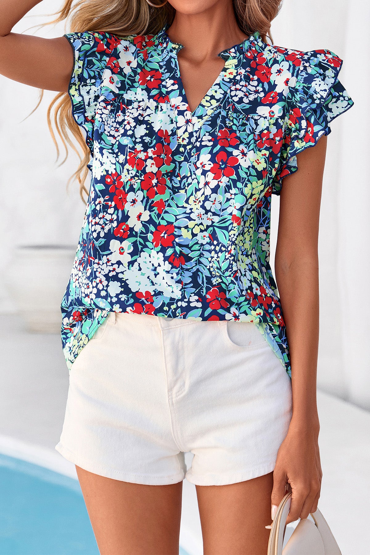 CFLONGE Womens Blouses Dressy Casual V Neck Floral Short Sleeve Tops Boho Chiffon Ruffle Loose Business Summer Work Shirts
