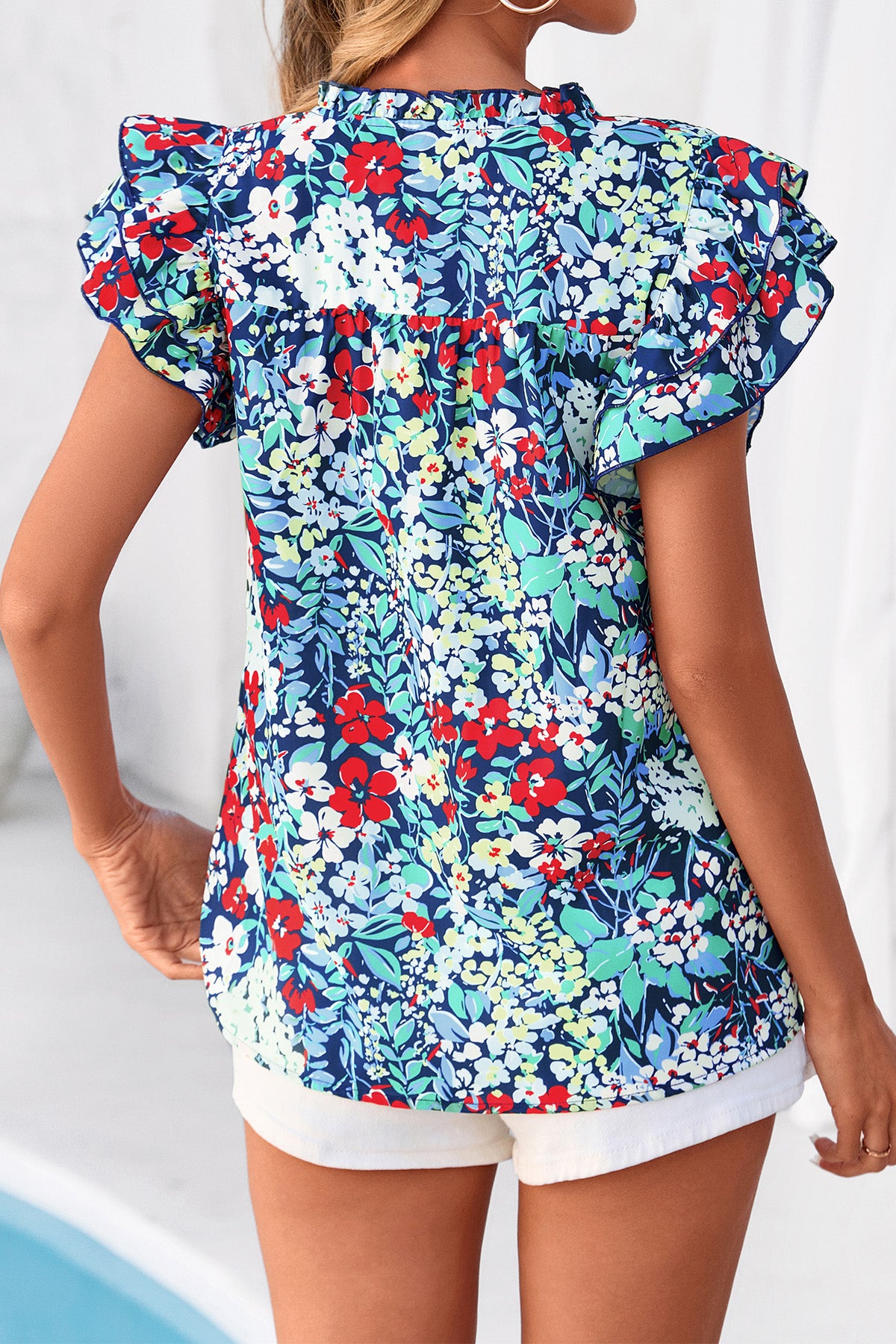 CFLONGE Womens Blouses Dressy Casual V Neck Floral Short Sleeve Tops Boho Chiffon Ruffle Loose Business Summer Work Shirts