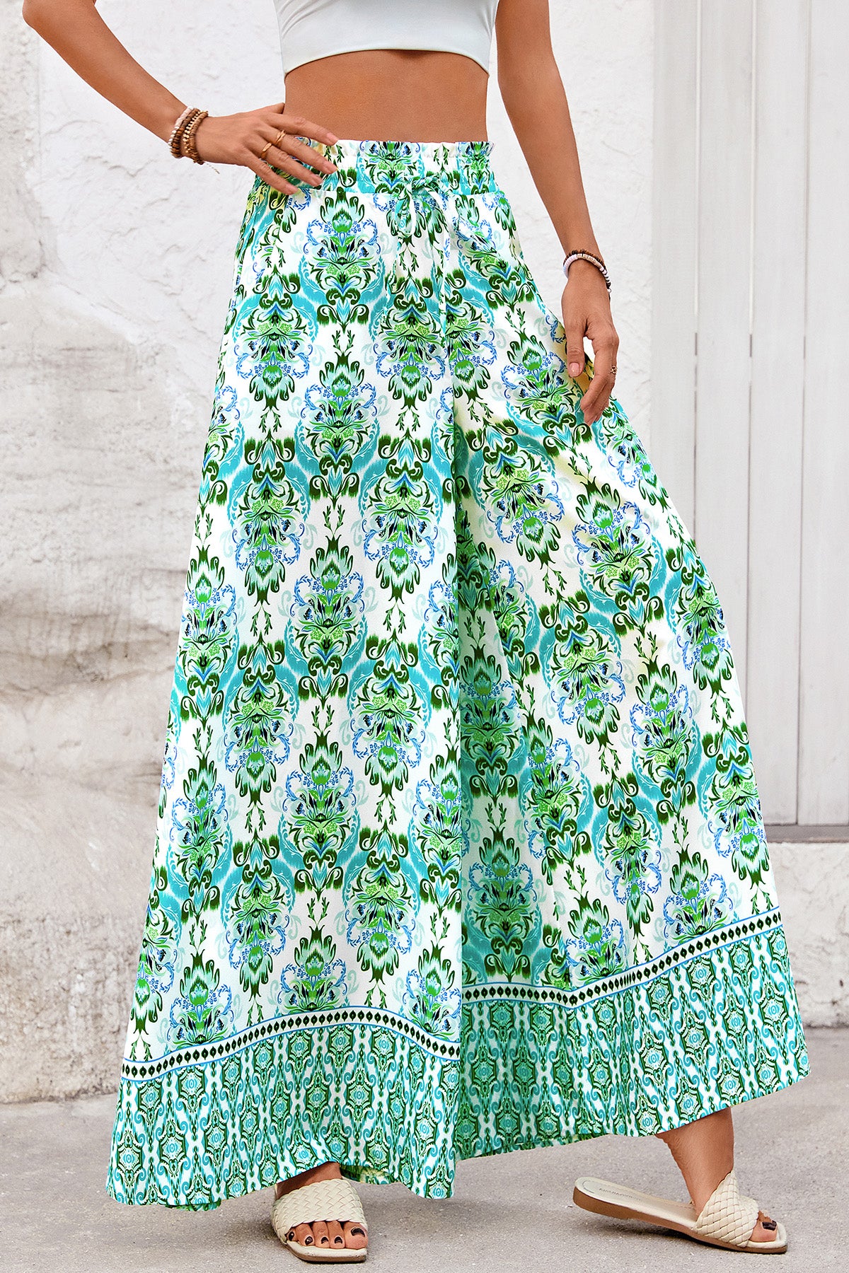 CFLONGE Women Wide Leg Pants Casual High Waist Floral Palazzo Pants for Women Flowy Trendy Lounge Boho Beach Trousers Pockets