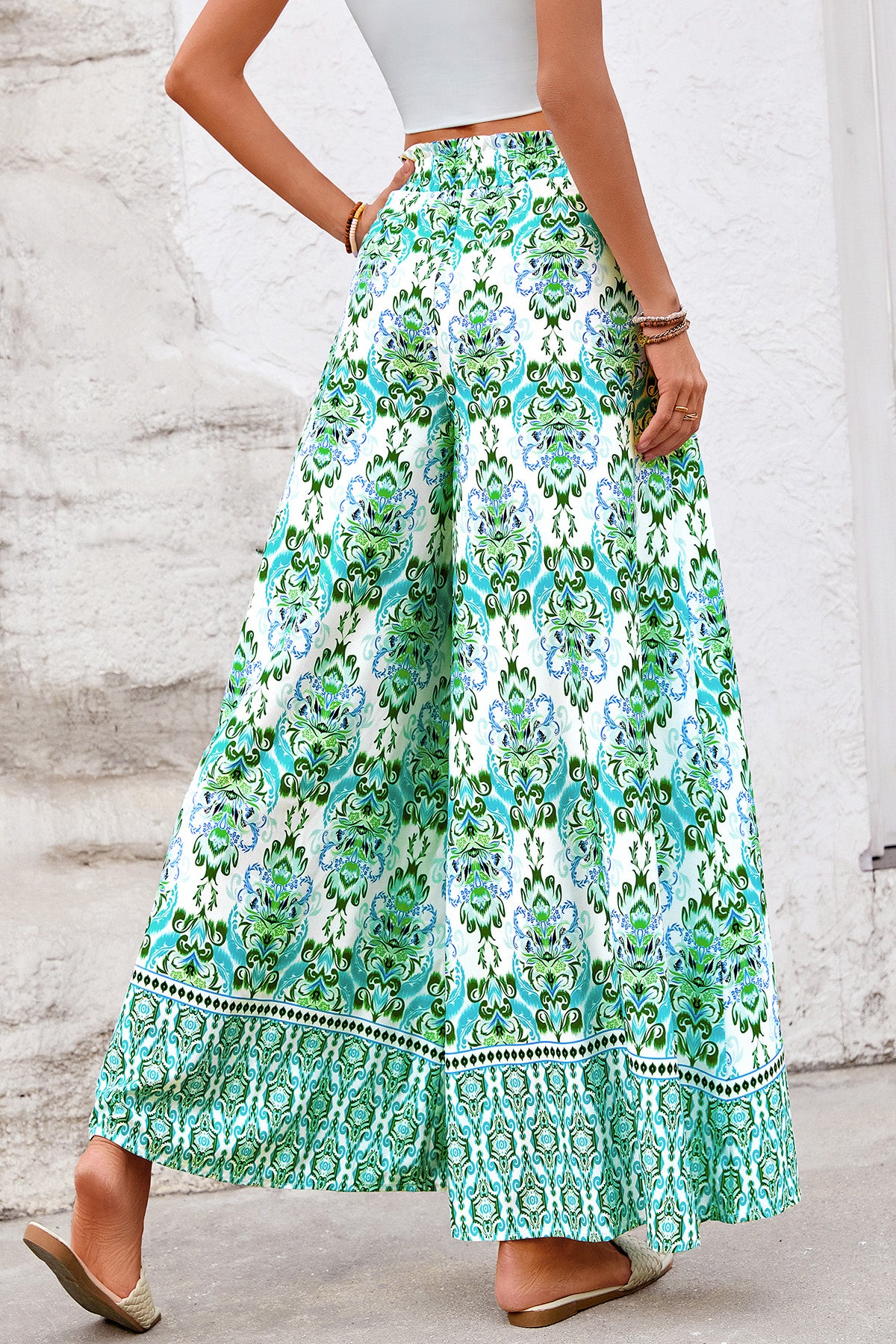 CFLONGE Women Wide Leg Pants Casual High Waist Floral Palazzo Pants for Women Flowy Trendy Lounge Boho Beach Trousers Pockets