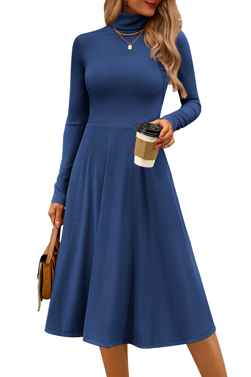 CFLONGE Women's Casual Ribbed Knit High Neck Dress Long Sleeve Fall Dress for Women 2026 Lightweight A Line Flare Dresses