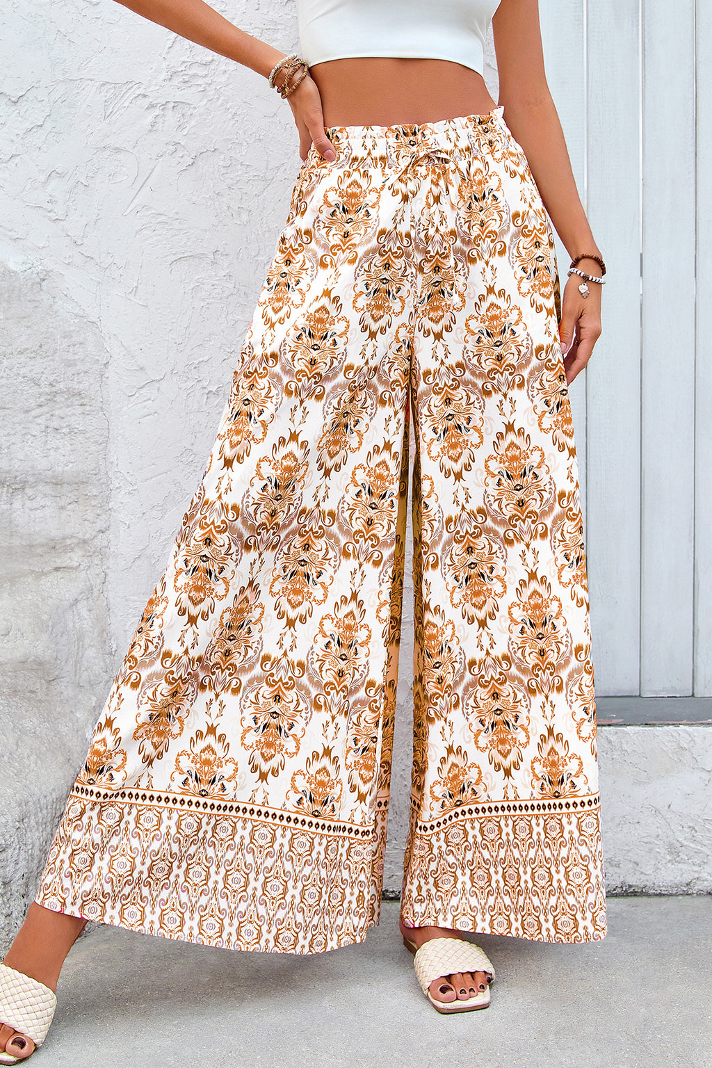 CFLONGE Women Wide Leg Pants Casual High Waist Floral Palazzo Pants for Women Flowy Trendy Lounge Boho Beach Trousers Pockets