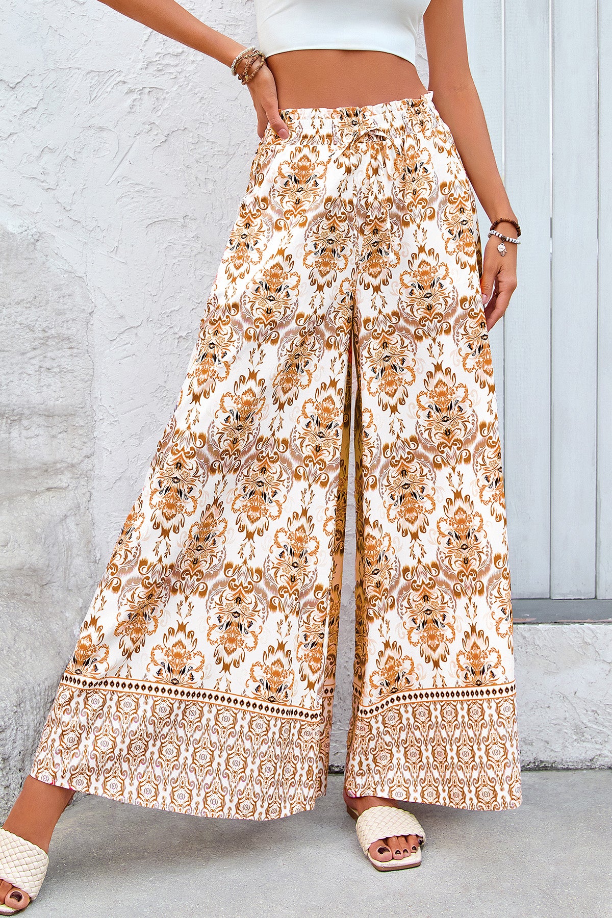 CFLONGE Women Wide Leg Pants Casual High Waist Floral Palazzo Pants for Women Flowy Trendy Lounge Boho Beach Trousers Pockets