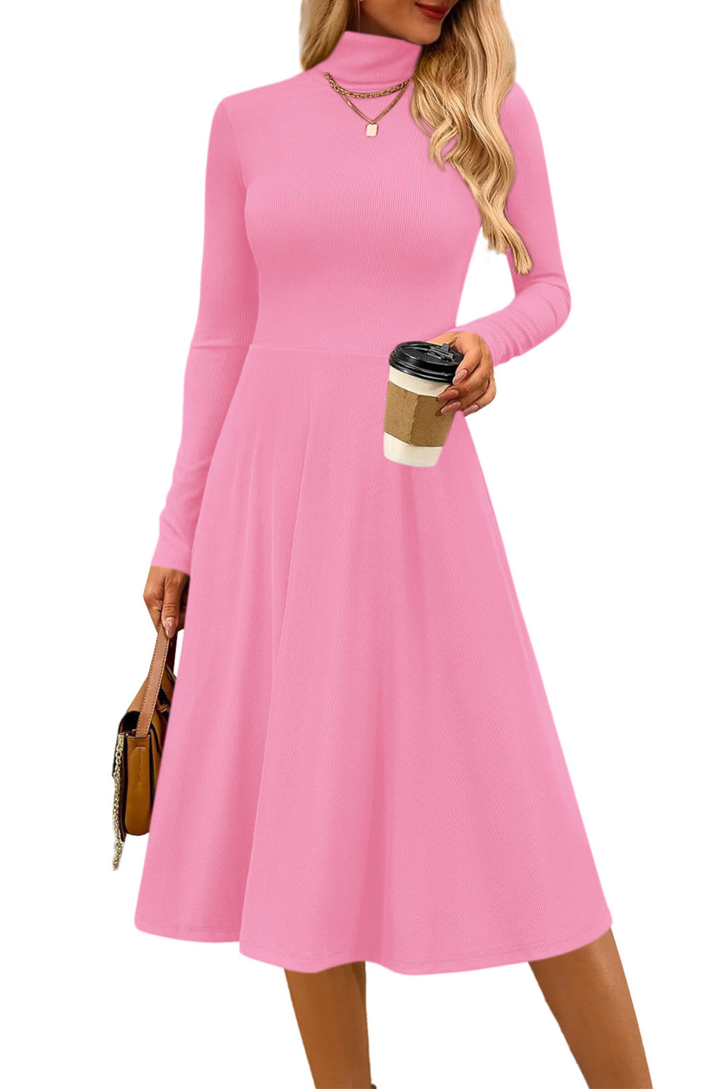 CFLONGE Women's Casual Ribbed Knit High Neck Dress Long Sleeve Fall Dress for Women 2026 Lightweight A Line Flare Dresses