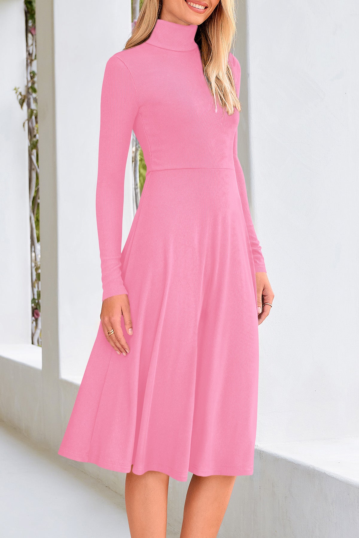 CFLONGE Women's Casual Ribbed Knit High Neck Dress Long Sleeve Fall Dress for Women 2026 Lightweight A Line Flare Dresses