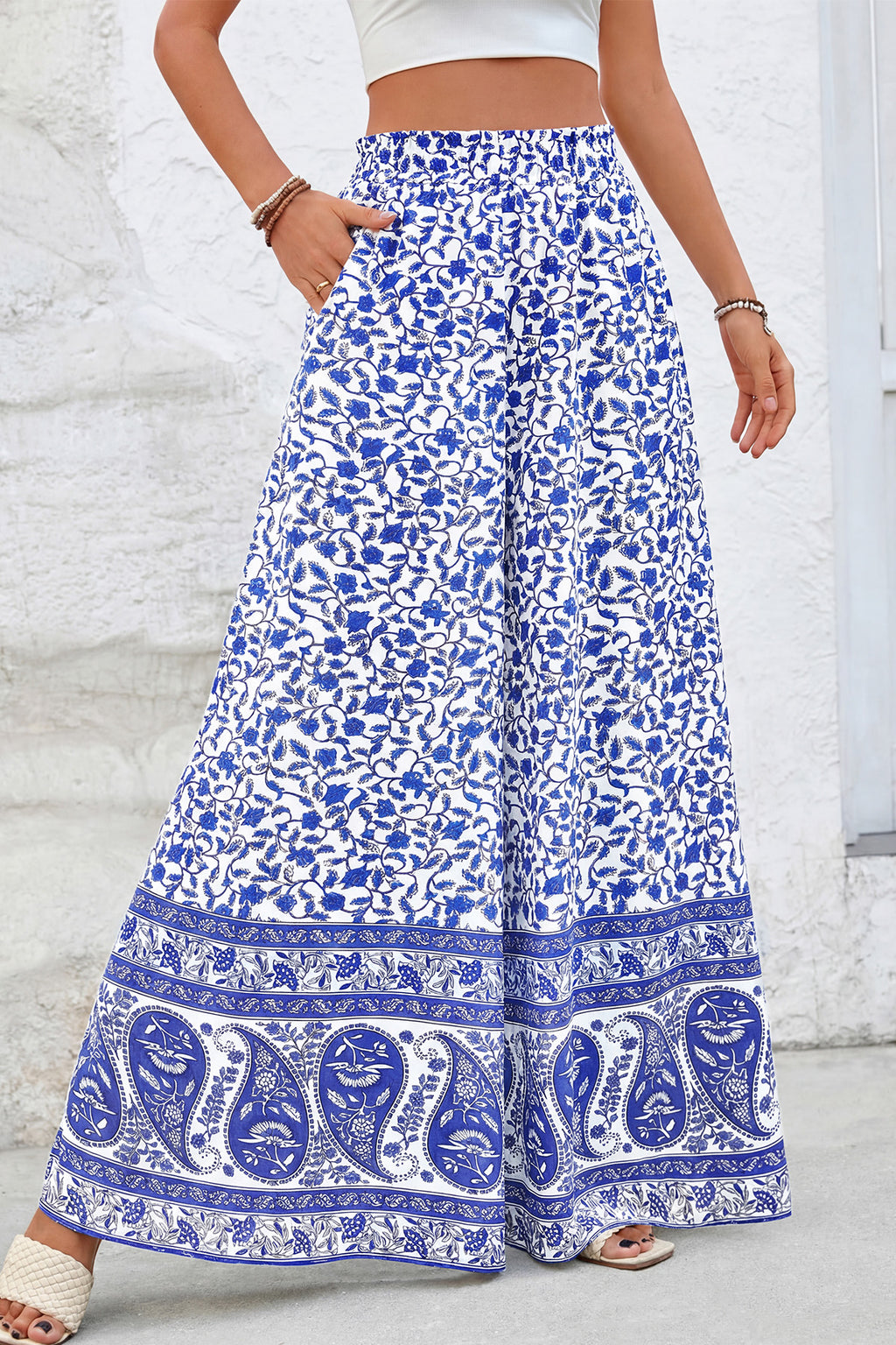 CFLONGE Women Wide Leg Pants Casual High Waist Floral Palazzo Pants for Women Flowy Trendy Lounge Boho Beach Trousers Pockets