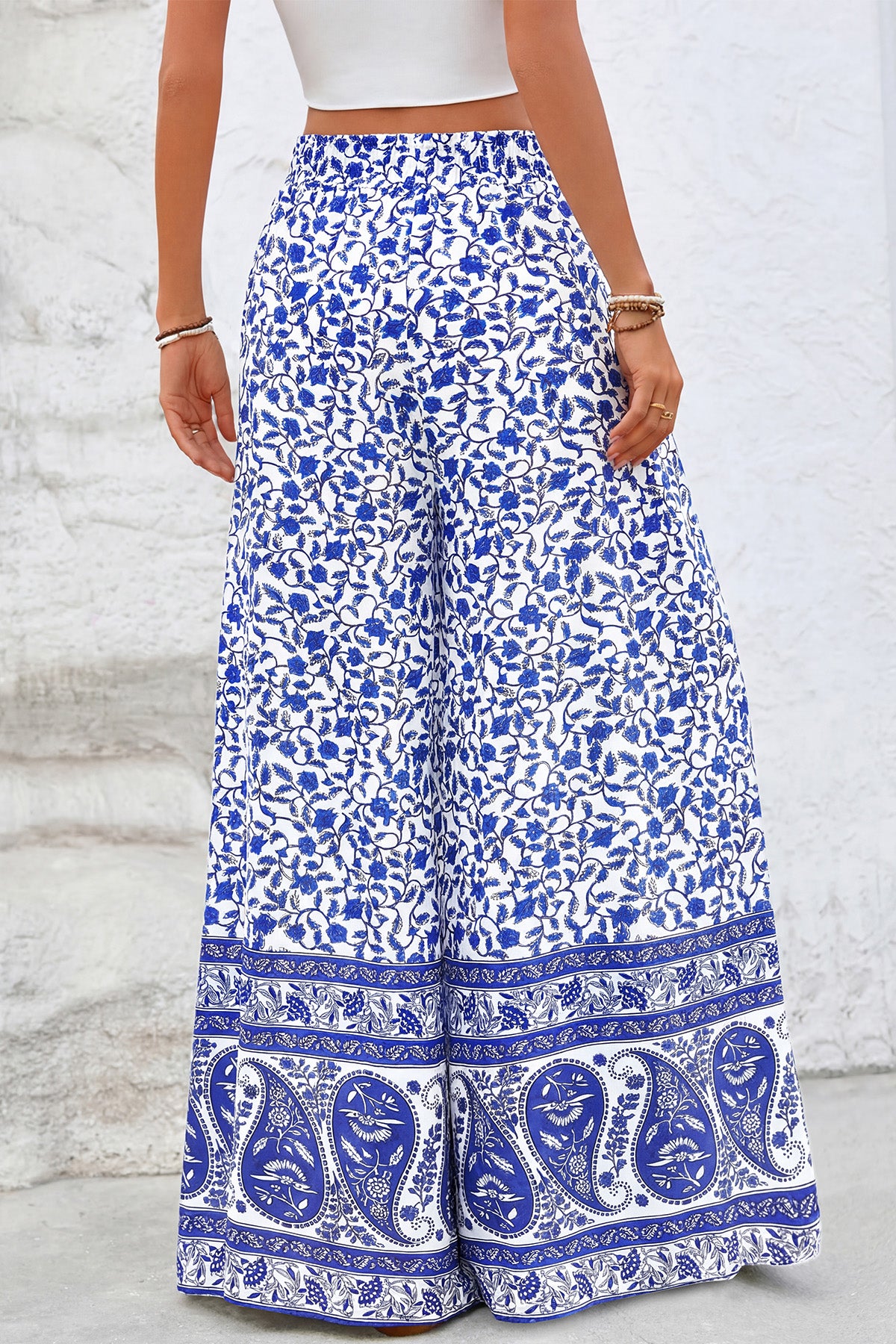 CFLONGE Women Wide Leg Pants Casual High Waist Floral Palazzo Pants for Women Flowy Trendy Lounge Boho Beach Trousers Pockets