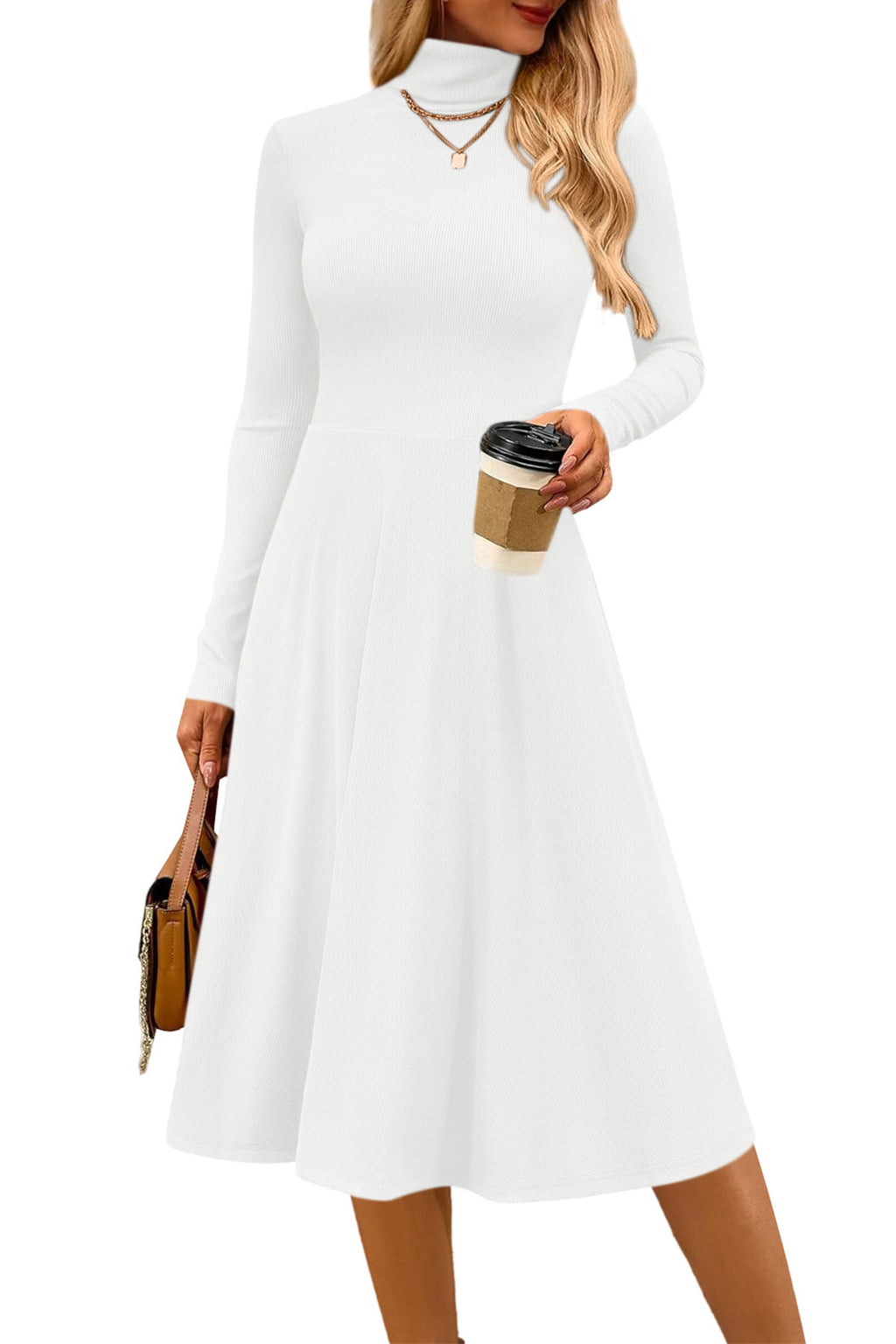 CFLONGE Women's Casual Ribbed Knit High Neck Dress Long Sleeve Fall Dress for Women 2026 Lightweight A Line Flare Dresses