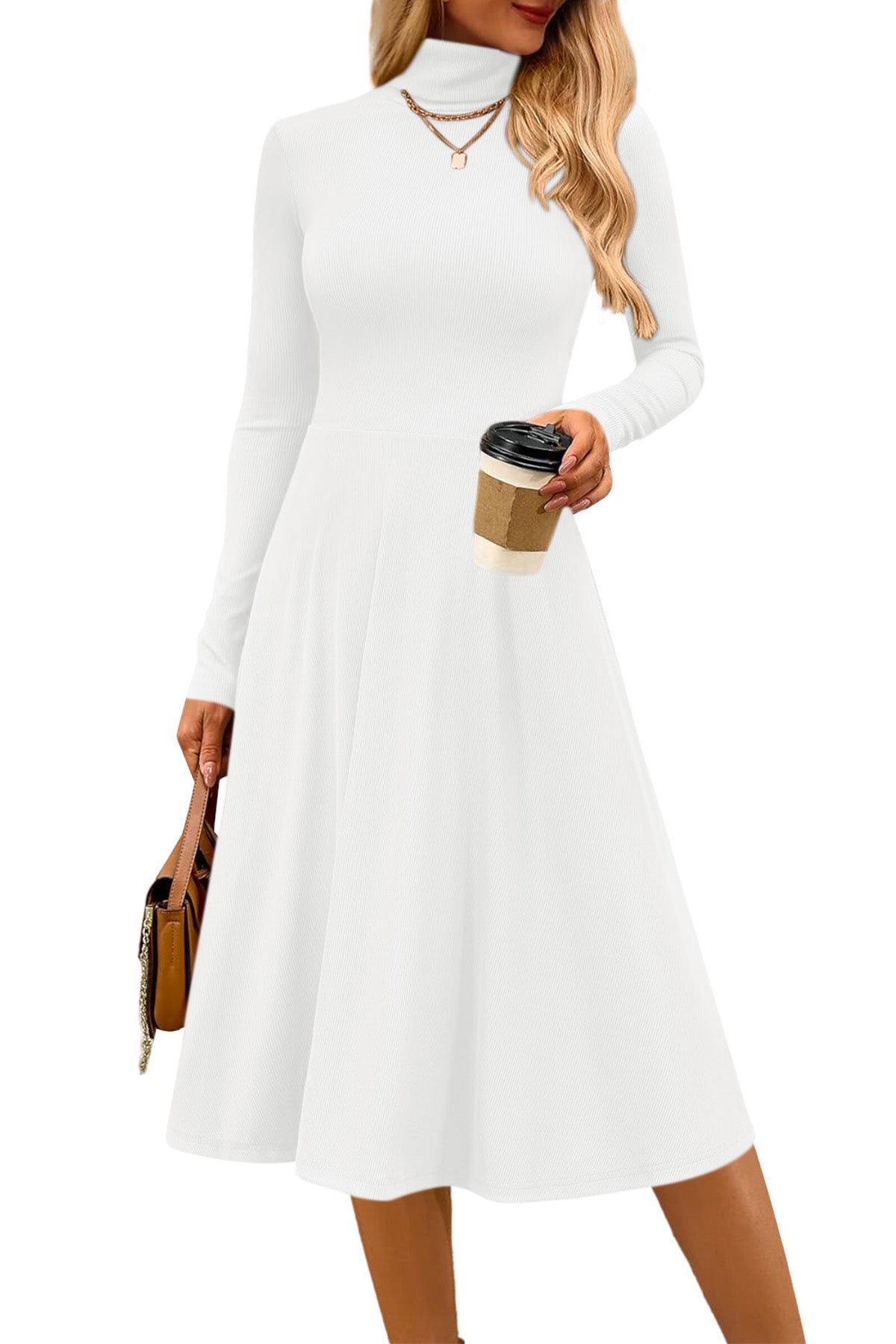 CFLONGE Women's Casual Ribbed Knit High Neck Dress Long Sleeve Fall Dress for Women 2026 Lightweight A Line Flare Dresses