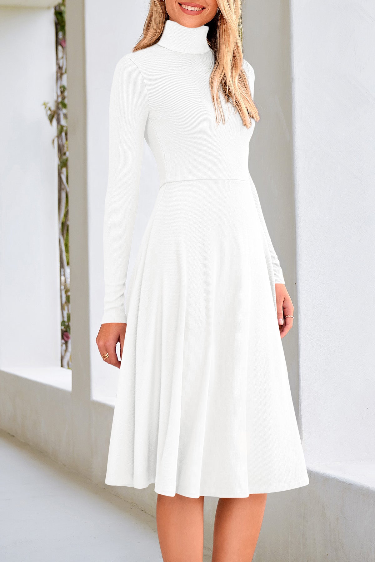 CFLONGE Women's Casual Ribbed Knit High Neck Dress Long Sleeve Fall Dress for Women 2026 Lightweight A Line Flare Dresses
