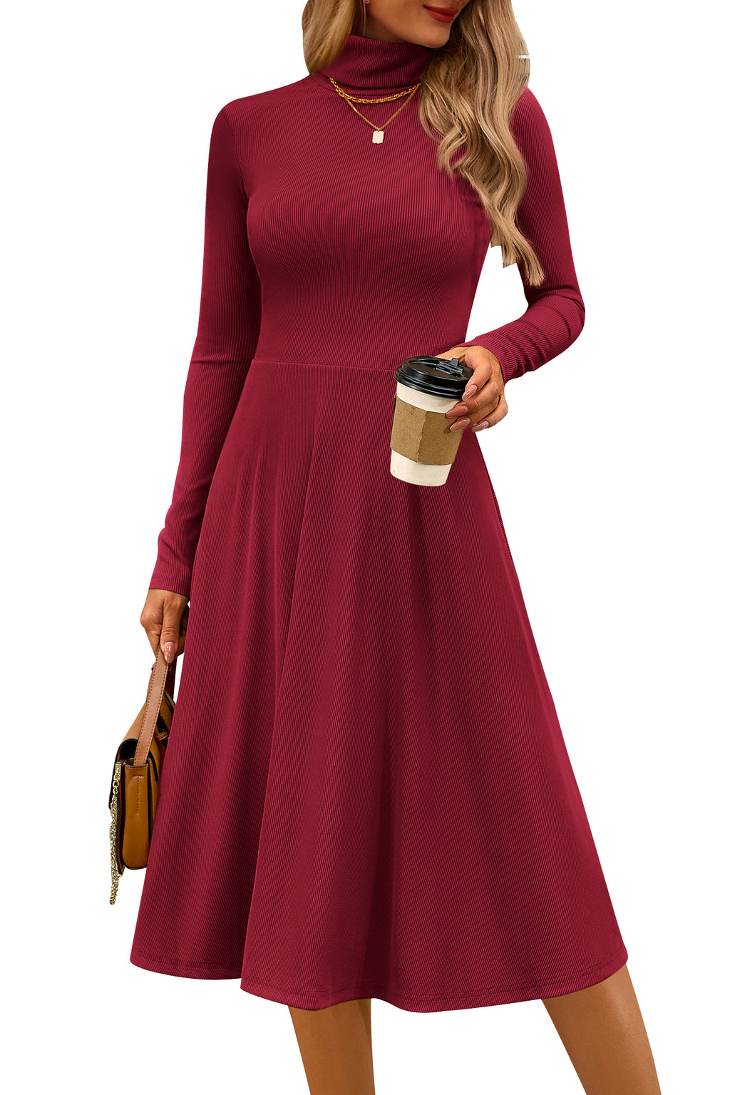 CFLONGE Women's Casual Ribbed Knit High Neck Dress Long Sleeve Fall Dress for Women 2026 Lightweight A Line Flare Dresses