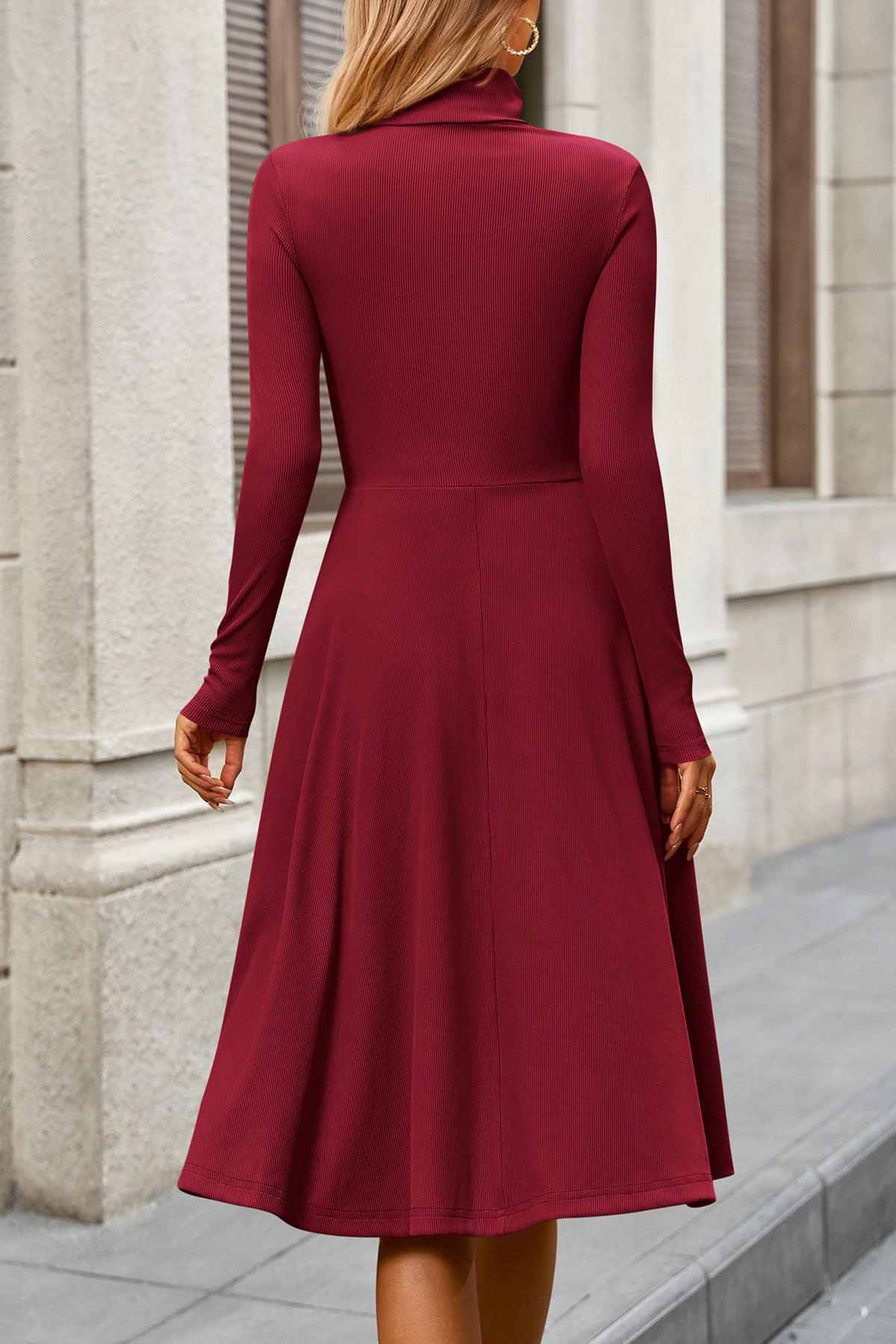 CFLONGE Women's Casual Ribbed Knit High Neck Dress Long Sleeve Fall Dress for Women 2026 Lightweight A Line Flare Dresses