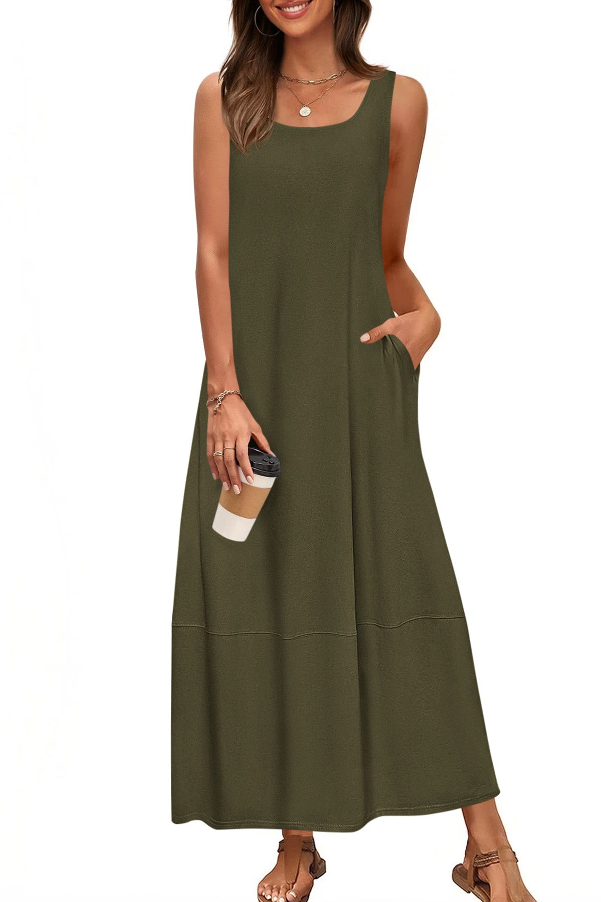 CFLONGE Casual Summer Sleeveless Maxi Dresses for Women 2025 Boho Square Neck Loose Tank Dress Beach Vacation Long Sundress