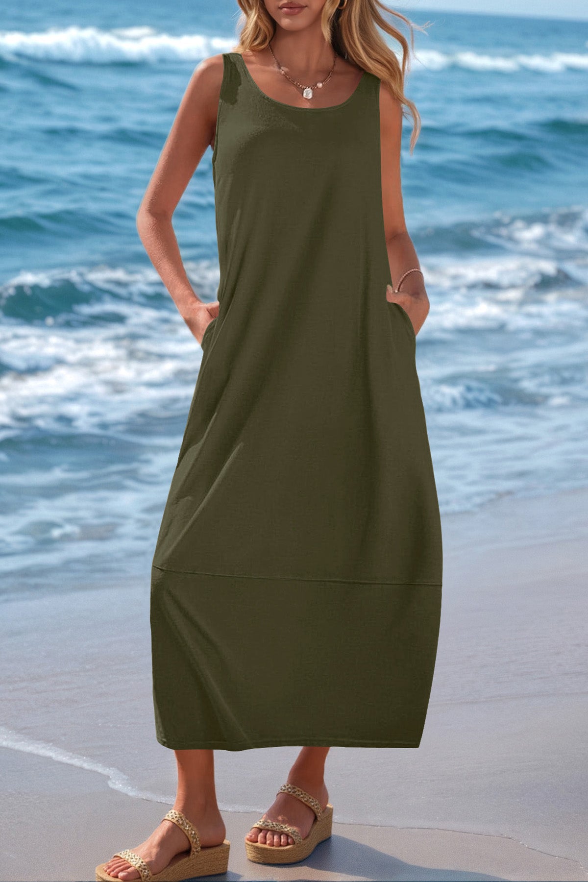 CFLONGE Casual Summer Sleeveless Maxi Dresses for Women 2025 Boho Square Neck Loose Tank Dress Beach Vacation Long Sundress