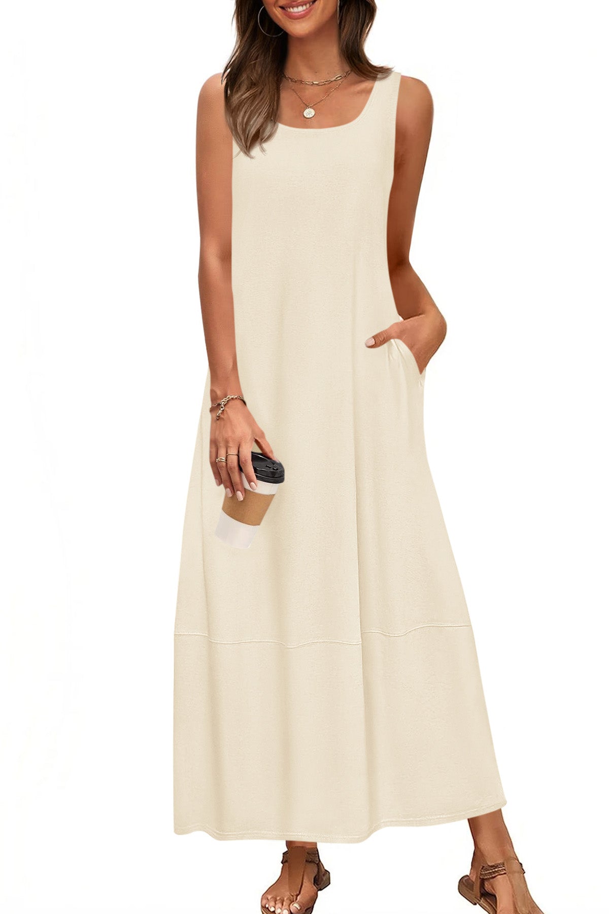 CFLONGE Casual Summer Sleeveless Maxi Dresses for Women 2025 Boho Square Neck Loose Tank Dress Beach Vacation Long Sundress