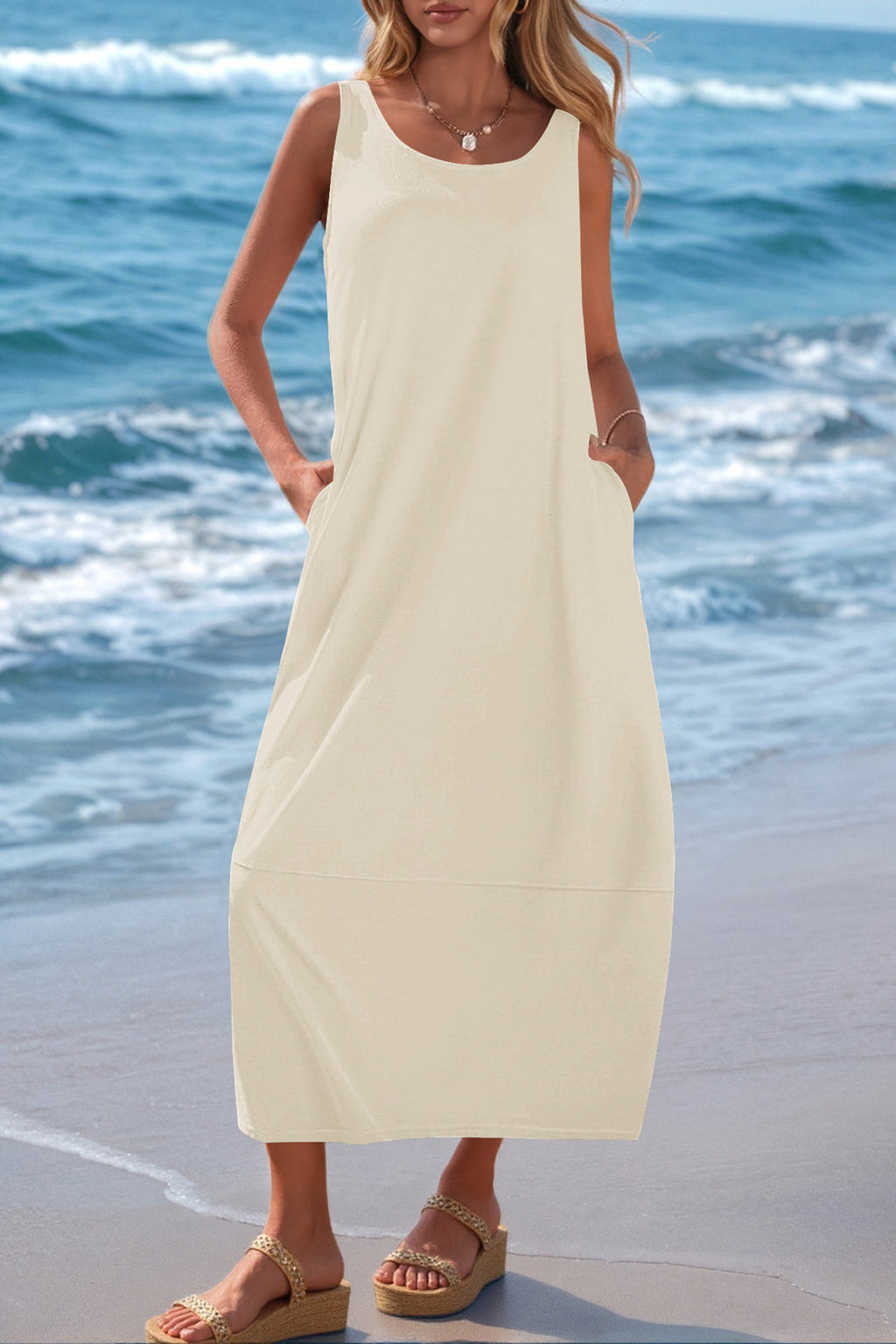 CFLONGE Casual Summer Sleeveless Maxi Dresses for Women 2025 Boho Square Neck Loose Tank Dress Beach Vacation Long Sundress