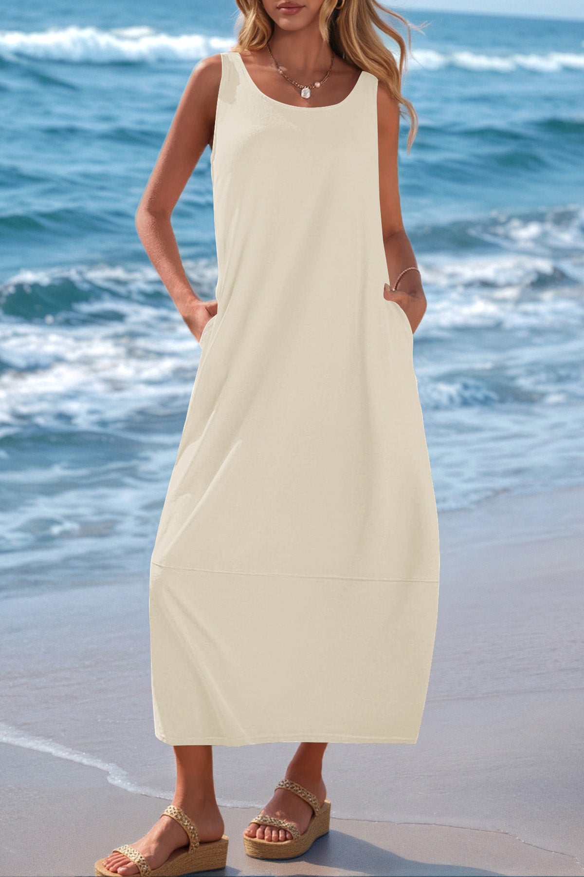 CFLONGE Casual Summer Sleeveless Maxi Dresses for Women 2025 Boho Square Neck Loose Tank Dress Beach Vacation Long Sundress