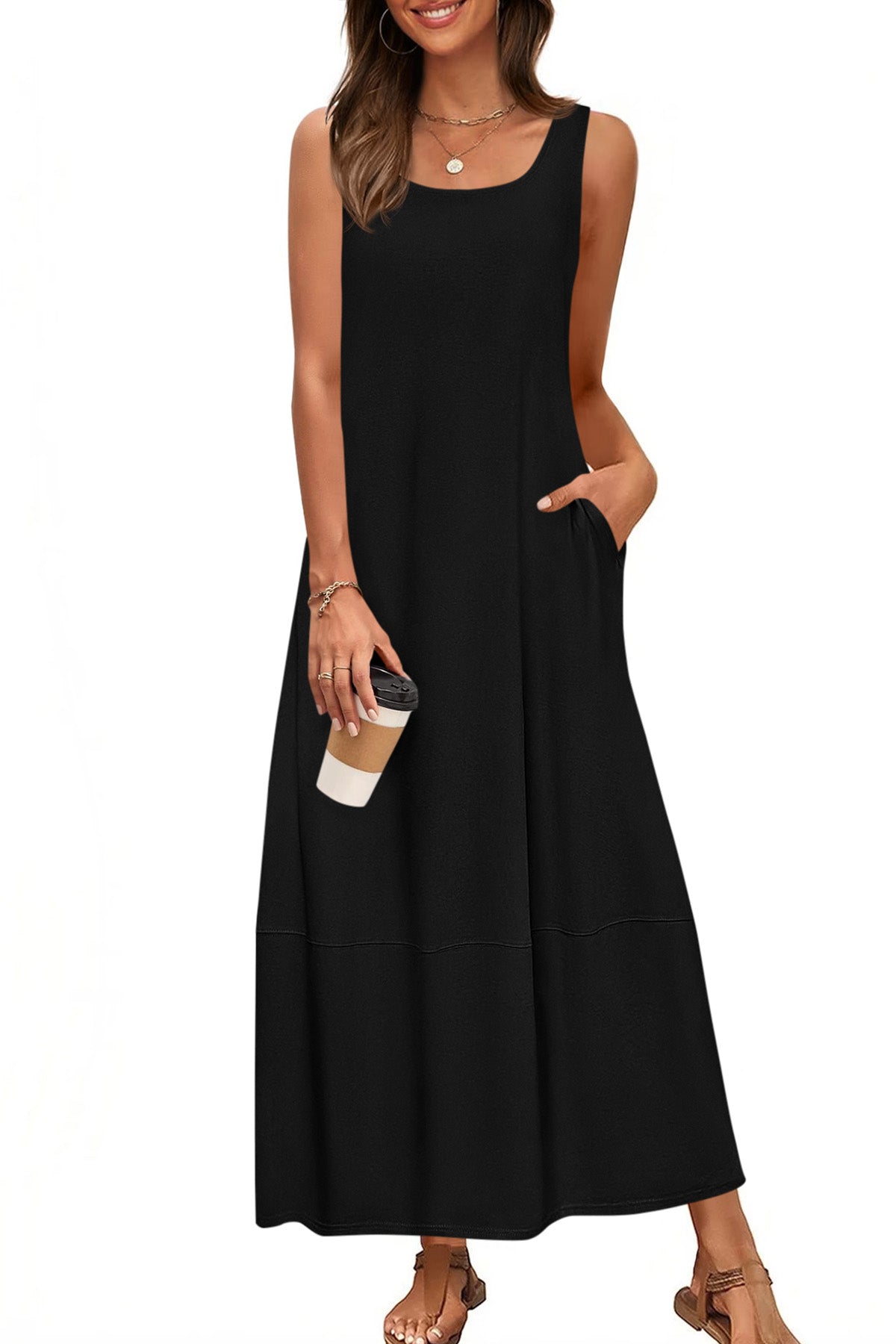 CFLONGE Casual Summer Sleeveless Maxi Dresses for Women 2025 Boho Square Neck Loose Tank Dress Beach Vacation Long Sundress