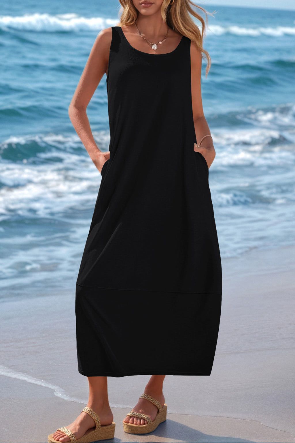 CFLONGE Casual Summer Sleeveless Maxi Dresses for Women 2025 Boho Square Neck Loose Tank Dress Beach Vacation Long Sundress