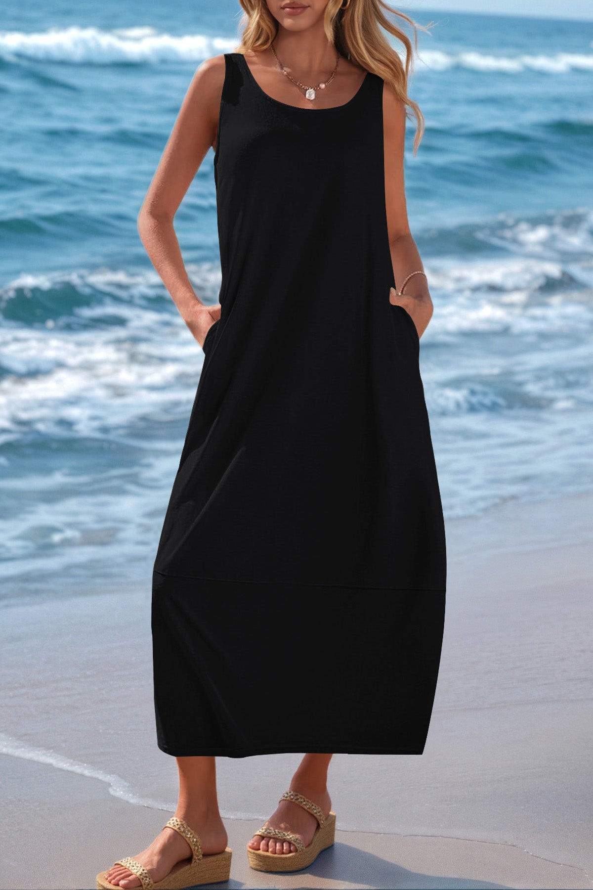 CFLONGE Casual Summer Sleeveless Maxi Dresses for Women 2025 Boho Square Neck Loose Tank Dress Beach Vacation Long Sundress