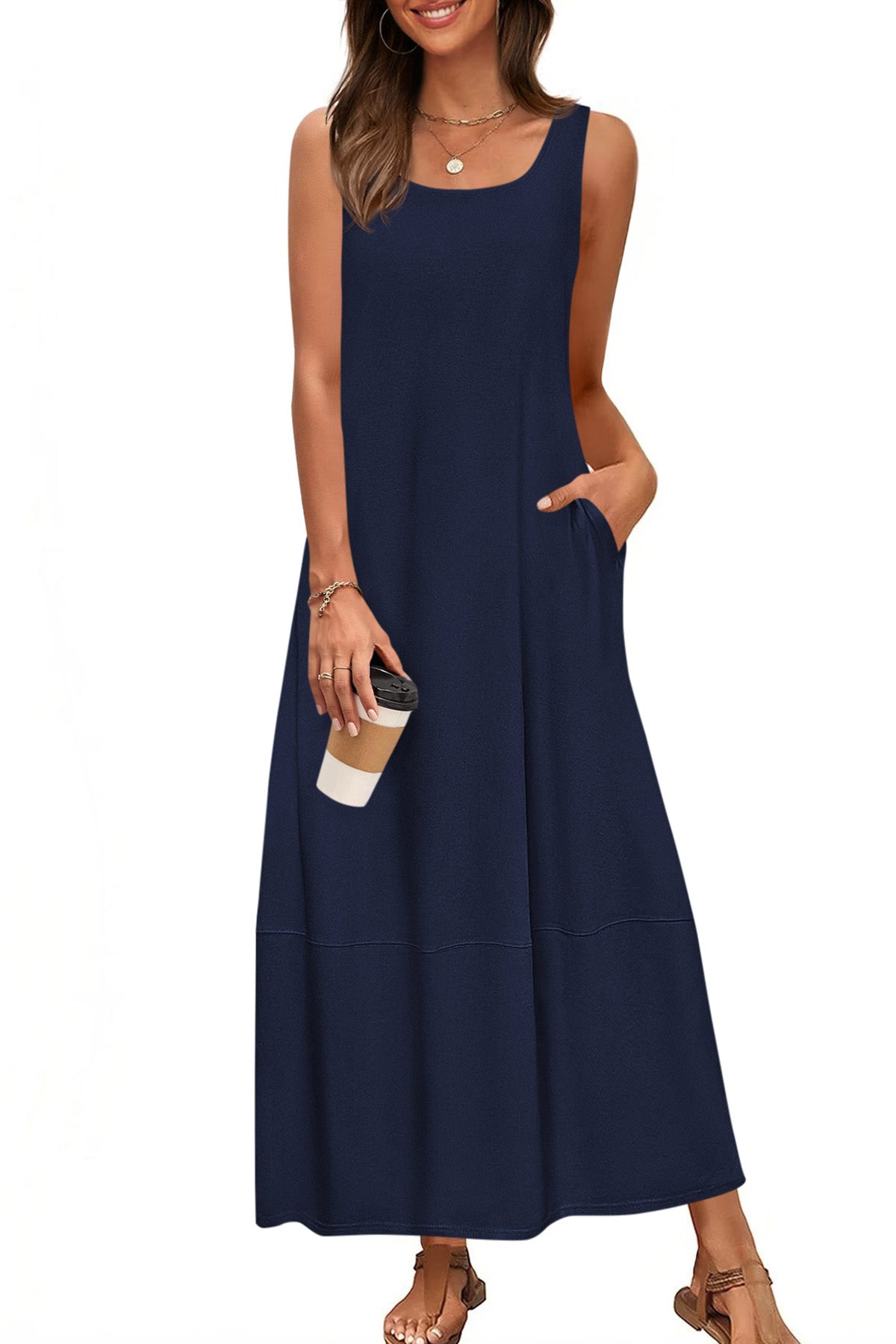 CFLONGE Casual Summer Sleeveless Maxi Dresses for Women 2025 Boho Square Neck Loose Tank Dress Beach Vacation Long Sundress